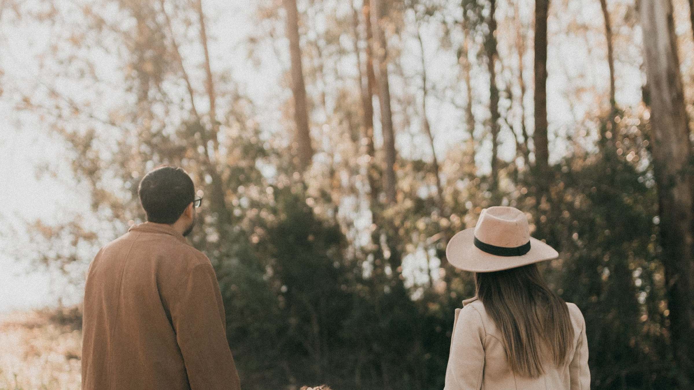 Un couple marche avec un enfant sur un sentier bordé d'arbres, lumière de fin de journée